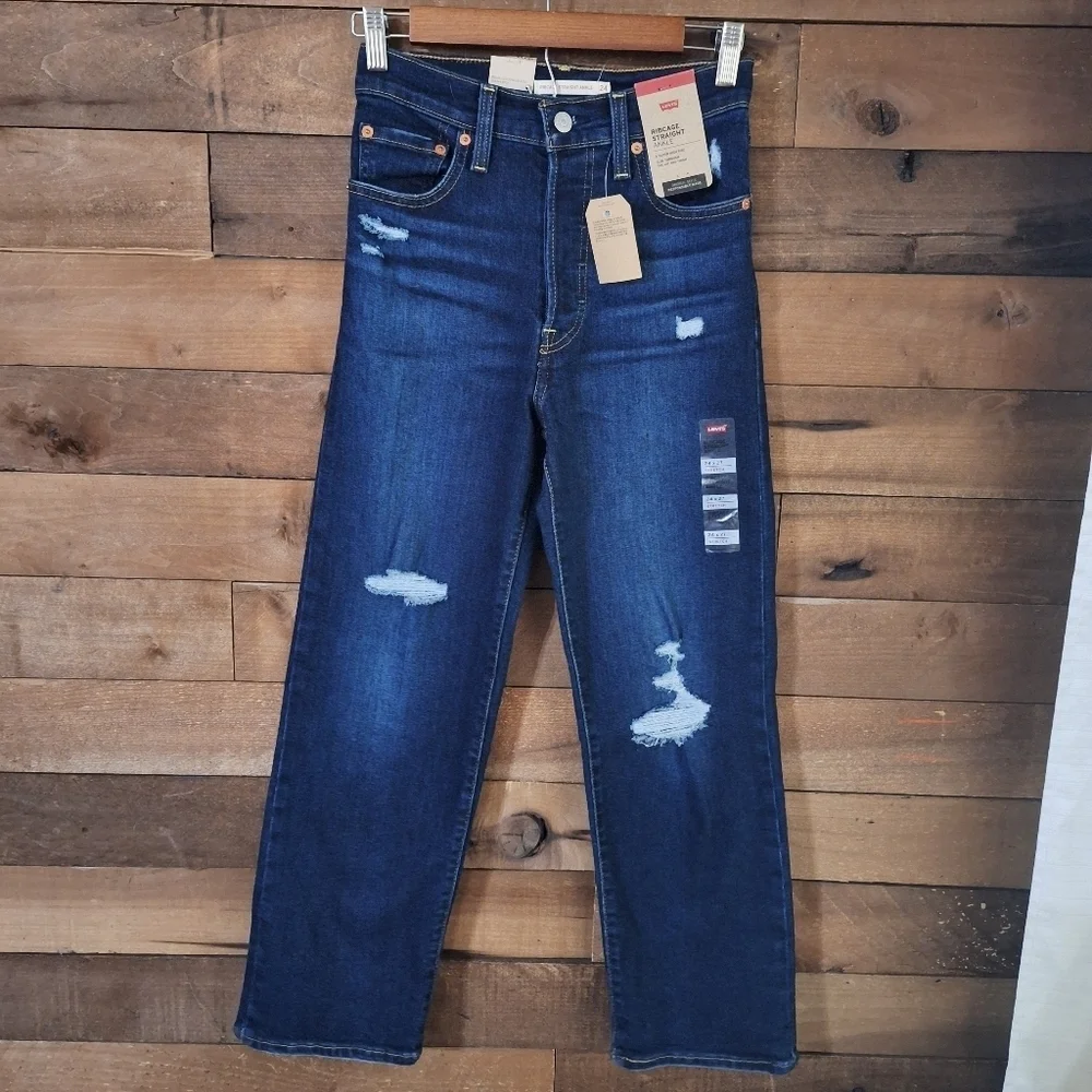 Levis Ribcage Straight Ankle Distressed Dark Wash Jeans SZ 24